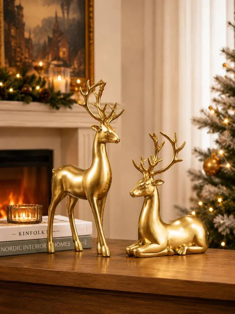 1pc Luxury Gold Deer Figurine, Nordic Modern Home Decor, Suitable For Coffee Table, Bookshelf, Fireplace Mantel And TV Cabinet, Elegant Resin Reindeer Statue | SHEIN USA