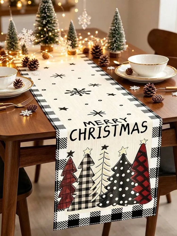 1pc Merry Christmas Linen Table Runner, Buffalo Plaid Christmas Tree Print Table Runner, Christmas Holiday Kitchen Dining Room Party Table Decor, Winter Farmhouse Style Linen Tablecloth, Christmas D