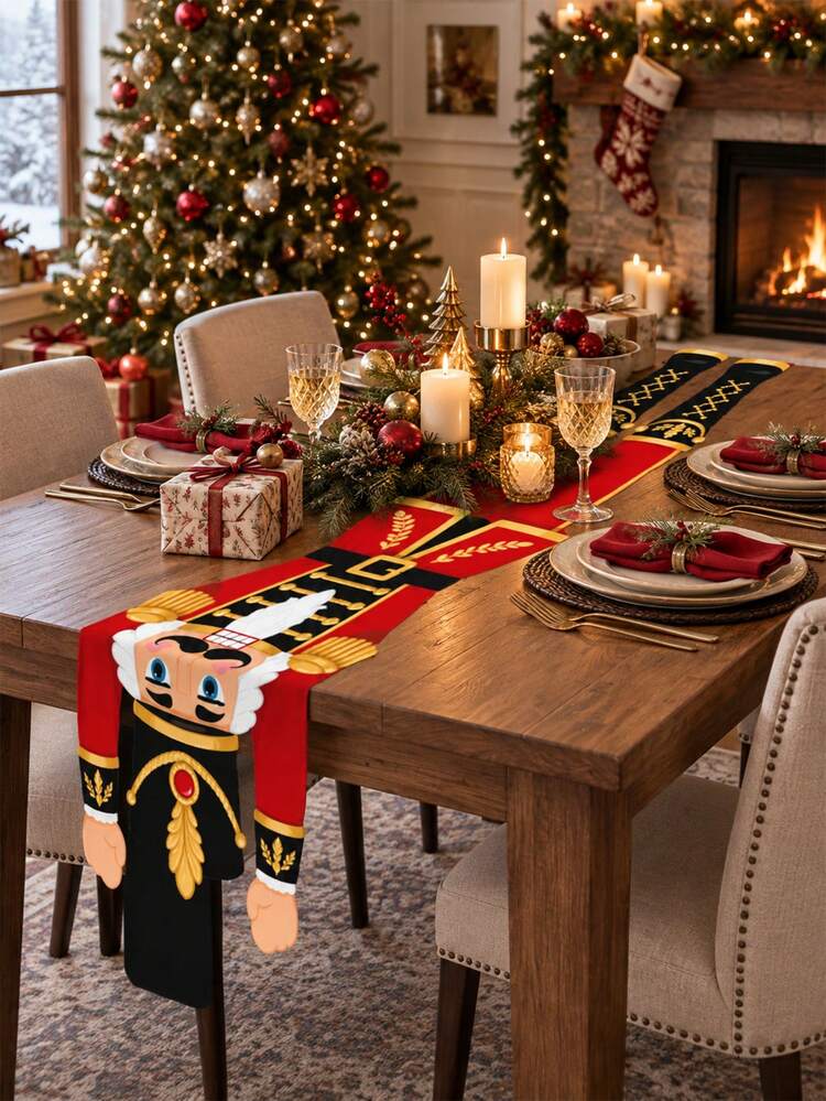 1pc Nutcracker Soldier Linen Christmas Table Runner, Red Black Gold Color Scheme Military Figure Long Hanging Arm And Leg Tablecloth, Classic Holiday Dining Room Decor, Suitable For Christmas Party