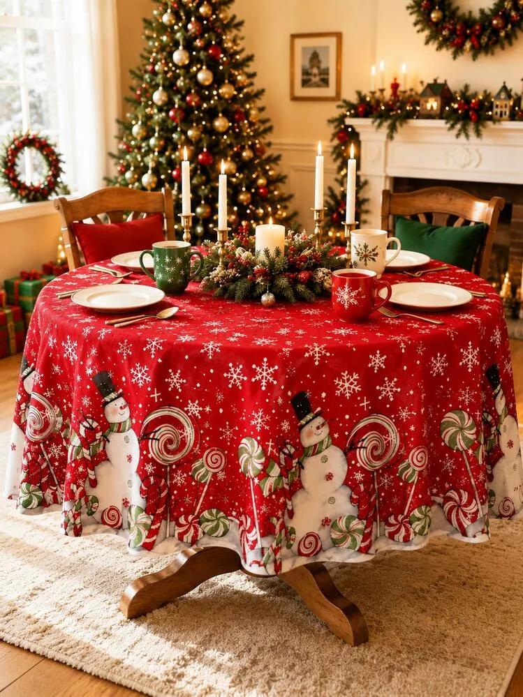 1pc-Red Christmas Tablecloth Snowman Lollipop Snowflake Pattern Table  Cover, Round Rectangle Universal Waterproof Table Cloth, Indoor Xmas Dinner  Party Table Decor, Holiday Home Kitchen Restaurant F