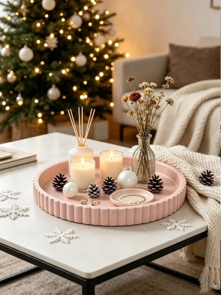 1pc Round Jewelry Tray, Coffee Table Tray, Aromatherapy Holder, Round Storage Tray, Decorative Storage, ABS Plastic Material, Suitable For Living Room, Bedroom, Kitchen, Dining Room, Storage And ...
