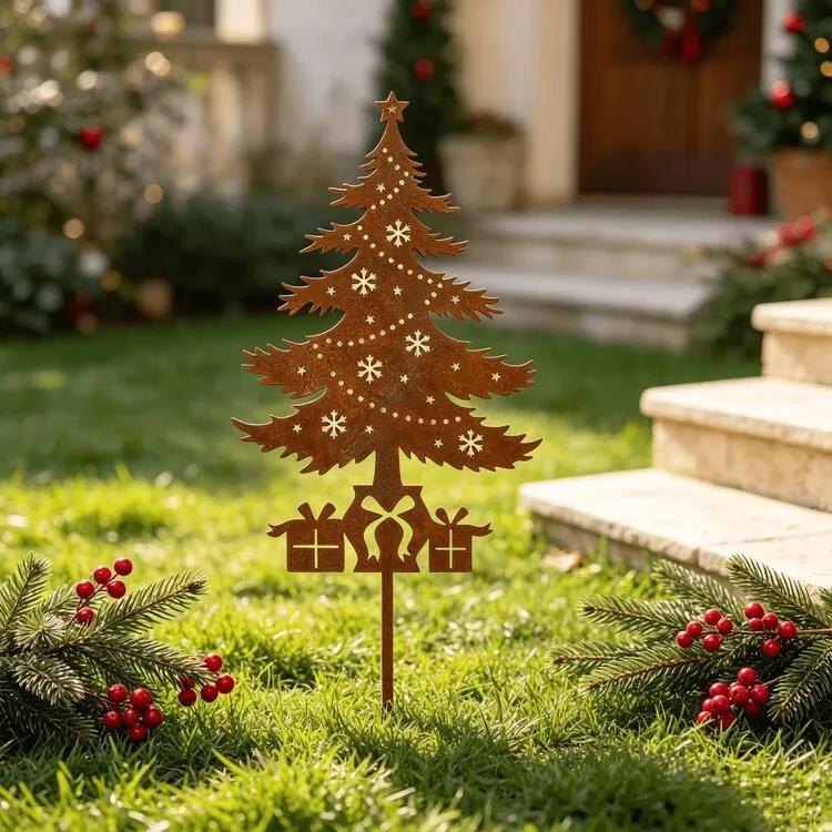 1pc Rustic Metal Christmas Tree Garden Stake - Weather-Resistant Outdoor Decorative Stake, Snowflake Design, Perfect For Yard, Lawn, Porch, Flower Bed And Fence Decoration, Holiday Season Decor Rust