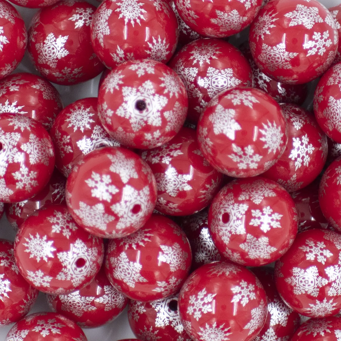 20mm Silver Snowflake Print on Red Acrylic Bubblegum Beads | The BumbleBead  Company