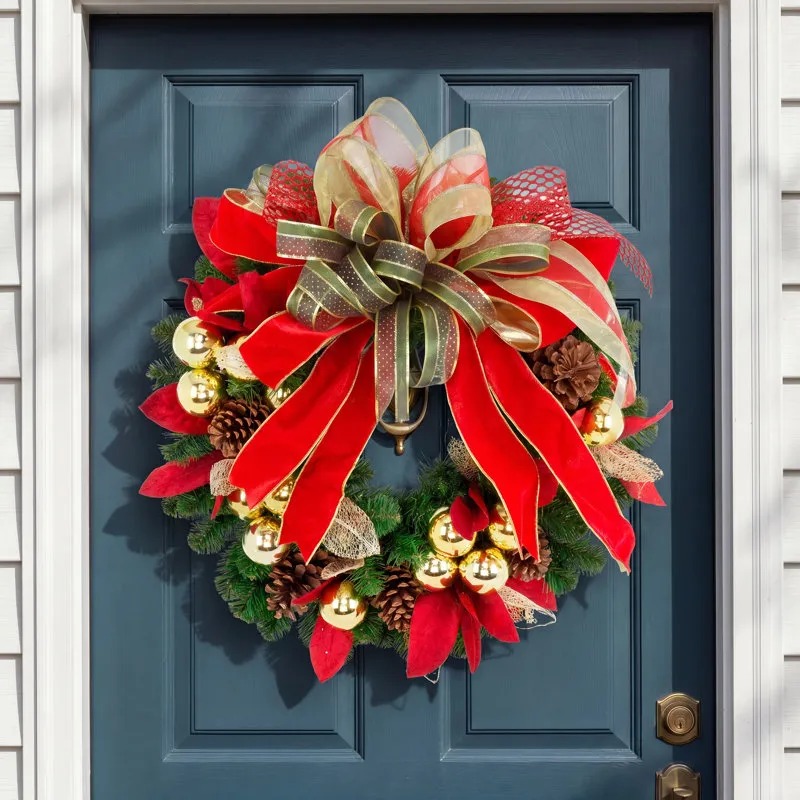 26'' Holiday Wreath Arranged with Bows, Ornaments and Pinecones