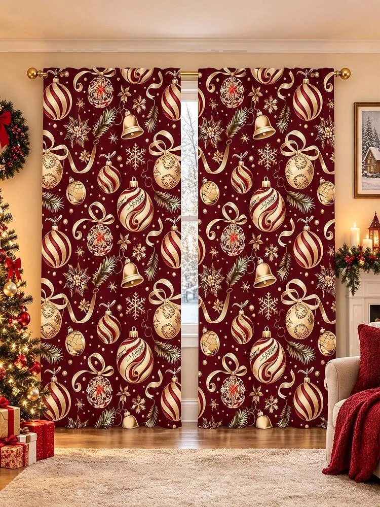 2pcs Burgundy Background Gold & Silver Christmas Ball Semi-Sheer Curtains  With Gold Ribbon, Bell, Pine Branch, Snowflake And Gold Floral Pattern  Print, Polyester Material, Rod Pocket Installation, .