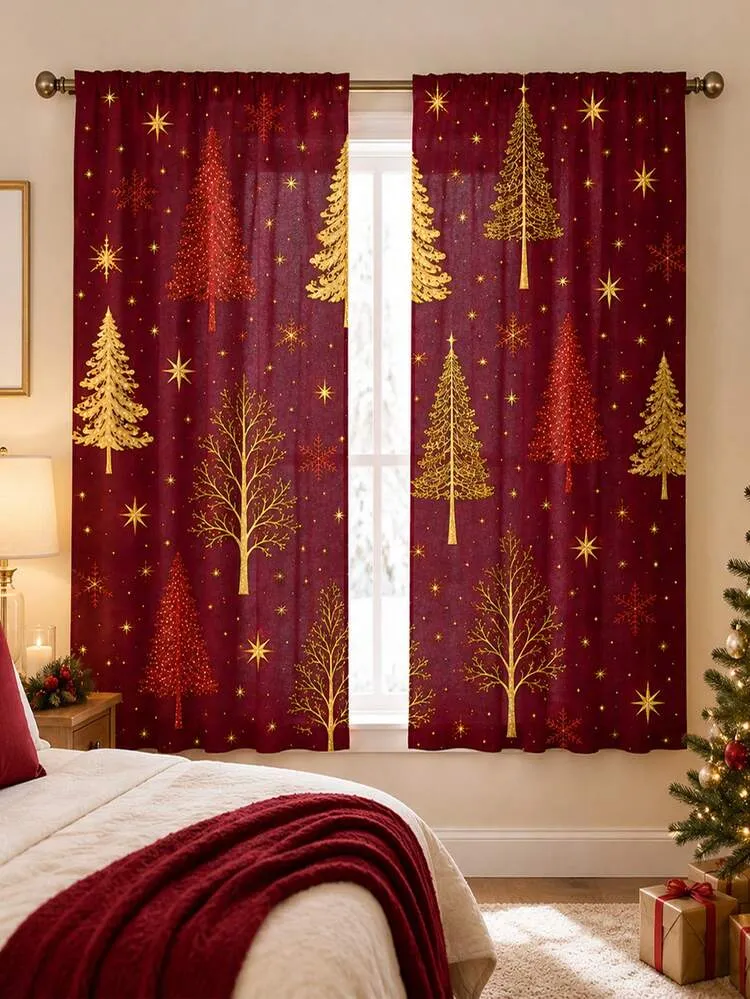 2pcs Burgundy Faux Gold Foil Christmas Tree Forest Semi-Sheer Curtains,  Gold & Red Christmas Tree Octagon Star Snowflake Print, Polyester Material,  Rod Pocket Installation, Merry Christmas Decor 202