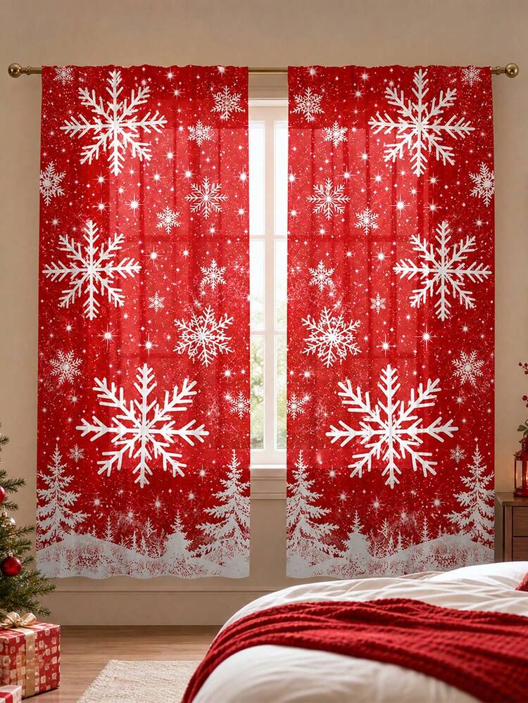 2pcs Red Background White Large Snowflake Christmas Semi-Sheer Curtains,  Snowflake Starry Snow Scene Pine Tree Print, Polyester Material, Rod Pocket  Installation, Merry Christmas Decoration 2027, Ho