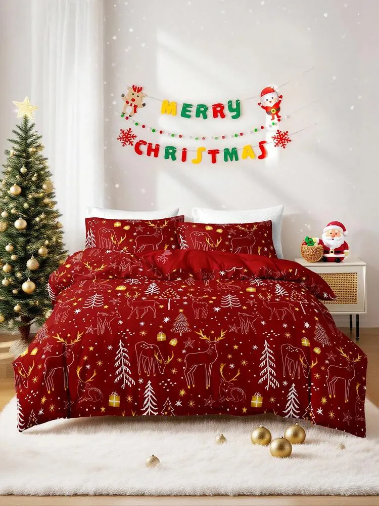 3-Piece Christmas Reindeer & Christmas Tree Print Duvet Cover Set (1 Duvet Cover And 2 Pillowcases), Soft & Skin-Friendly, Suitable For All Seasons, Perfect Christmas Gift Choice | SHEIN Malaysia