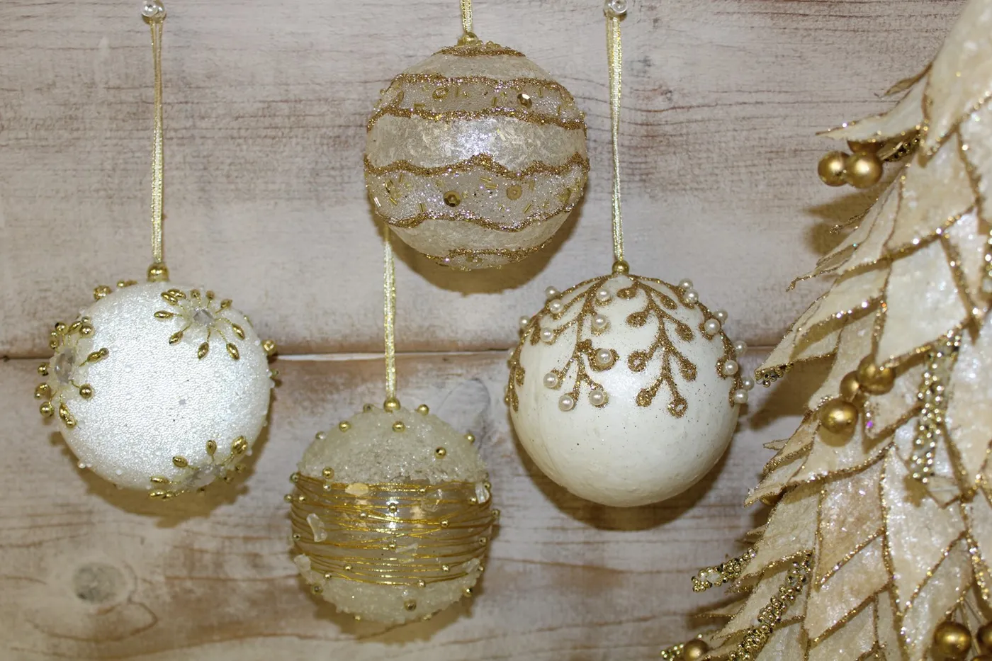 3.75-4' Glass Beaded Ball Ornament, Silver/White/Gold, 4 assorted | TradeCie