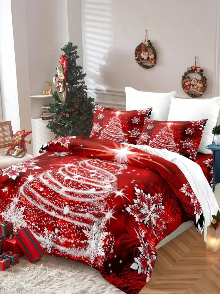 3pcs Christmas Theme Duvet Cover Set, Red Christmas Tree Print Bedding Set, Soft Comfortable Duvet Cover, For Bedroom, Guest Room (1*Duvet Cover + 2*Pillowcase, Without Core) | SHEIN Singapore