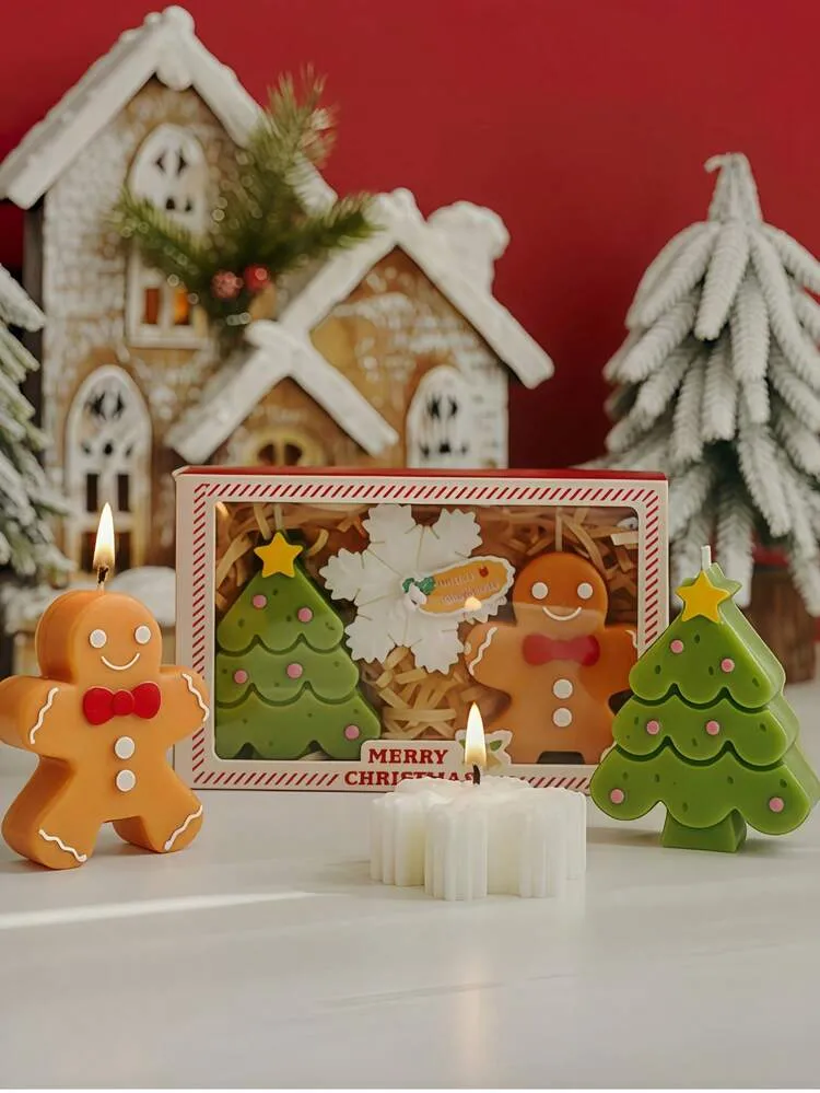 3pcs/Set Christmas Tree, Gingerbread Man, Snowflake Scented Candles, Gingerbread Man Christmas Gift, Smokeless Candles, Suitable For Holiday, Celebration, Party Decoration, Valentine's Day Decoratio
