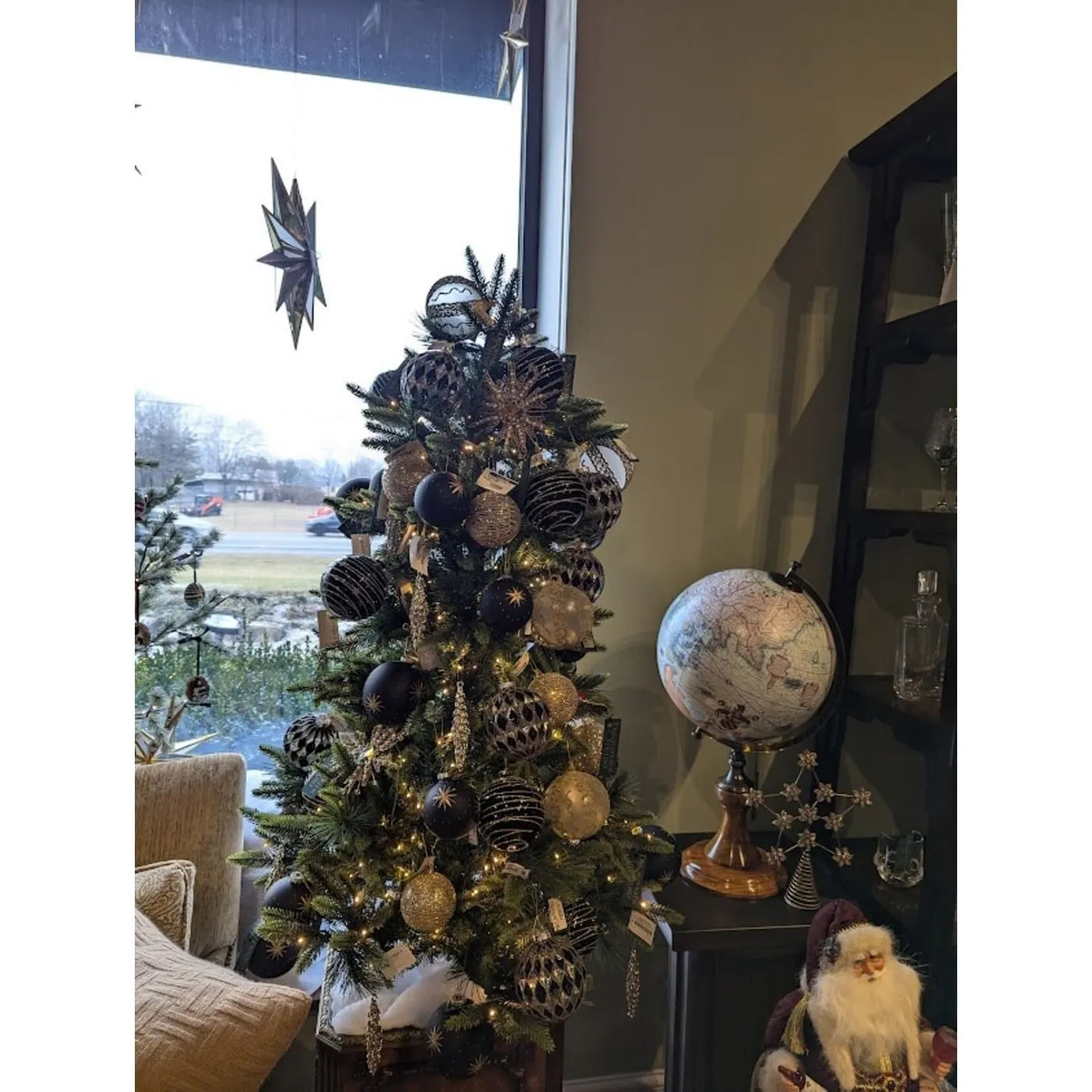 4' Black Glass Ball Ornaments w/ Gold Glitter and Stars, Set of 6