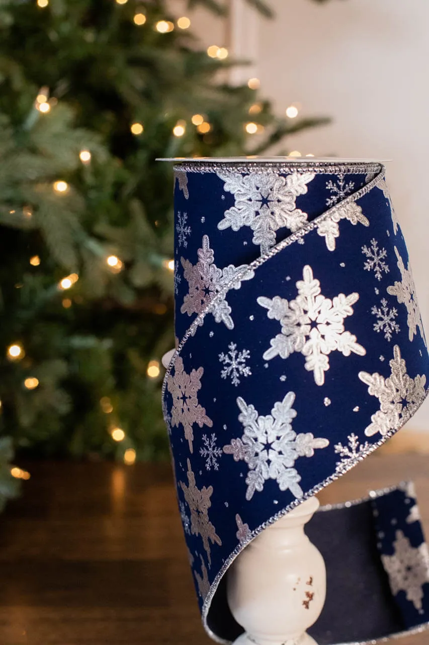 4” x 10 Yard Snowflake On Blue Velvet Ribbon - Decorator's Warehouse