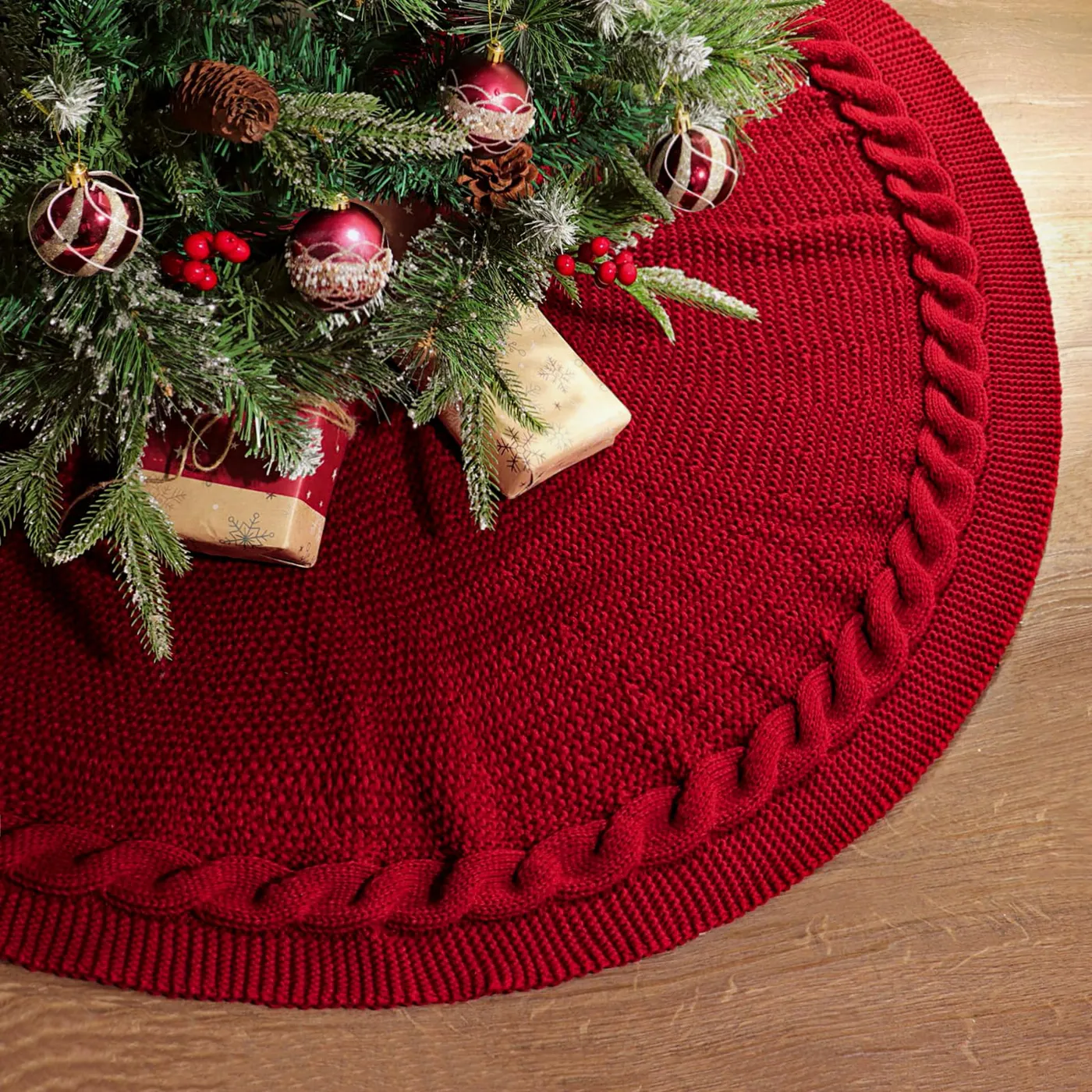 48 Inch Red Chunky Cable Knit Christmas Tree Skirt - All The Fall Things