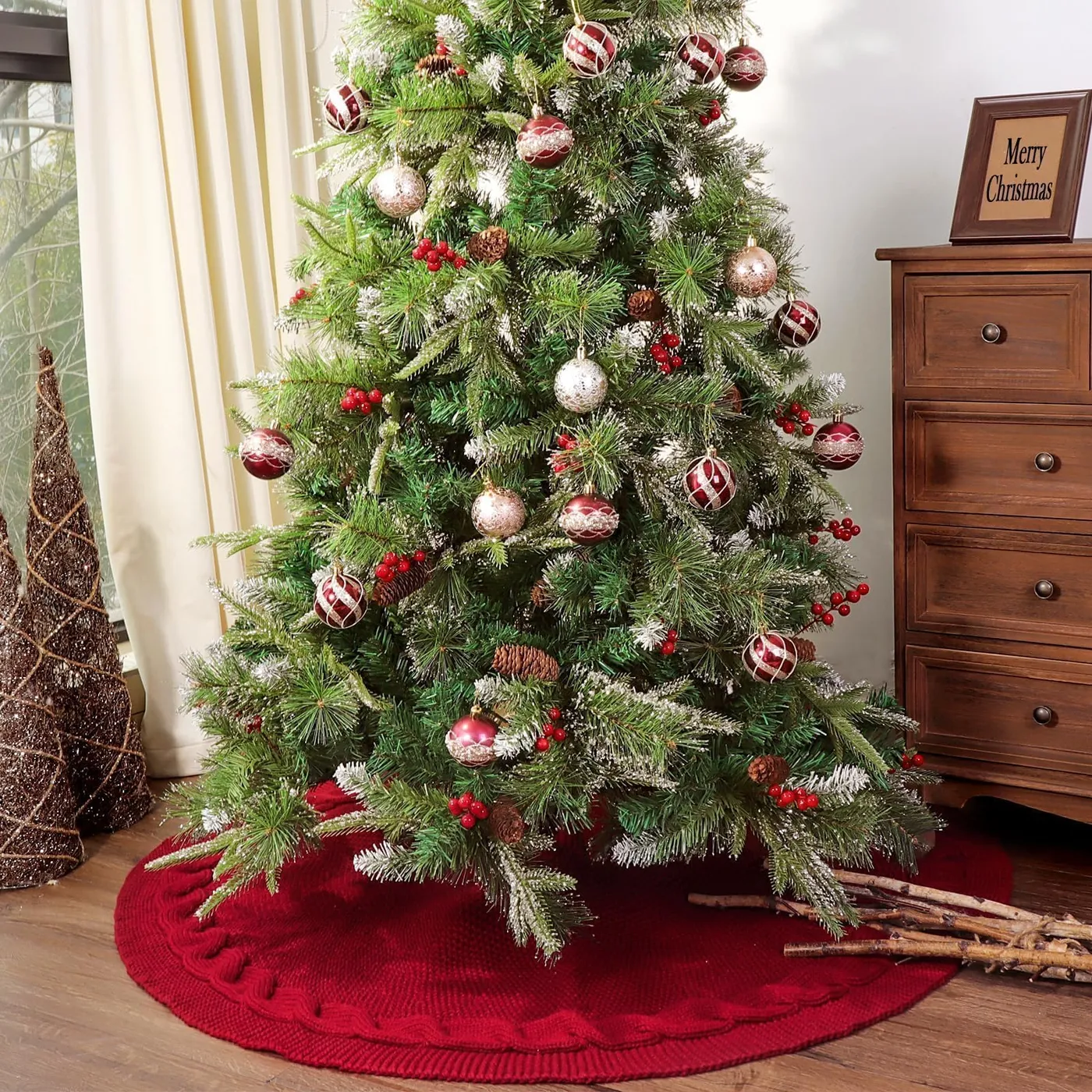 48 Inch Red Chunky Cable Knit Christmas Tree Skirt - All The Fall Things