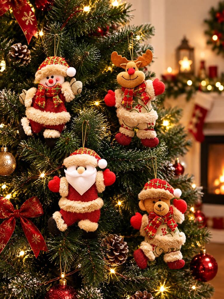 4pcs Christmas Fabric Decorative Hanging Ornaments, Creative Santa Claus/Snowman/Reindeer/Bear Patterns, Suitable For Christmas Decor, Christmas Tree Decor, Fireplaces, Indoor, Christmas Gifts, Room