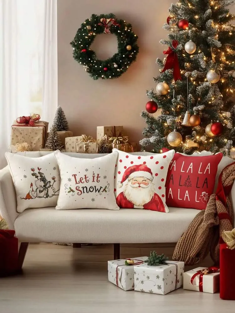 4pcs Christmas Style Decorative Pillow Covers, Christmas Tree Pattern,  Invisible Zipper, Machine Washable, Minimalist Fashion Line Pattern, Zipper  Closure, Home Decorative Pillow Covers, Sofa Living