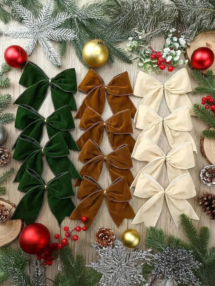 4pcs Christmas Velvet Bow Wreath, Vintage Velvet Ribbon Holiday Decoration, Christmas Tree Wreath Christmas Decoration, Christmas Tree Ornament, Christmas Home Decor, Christmas Gift, Christmas Decor