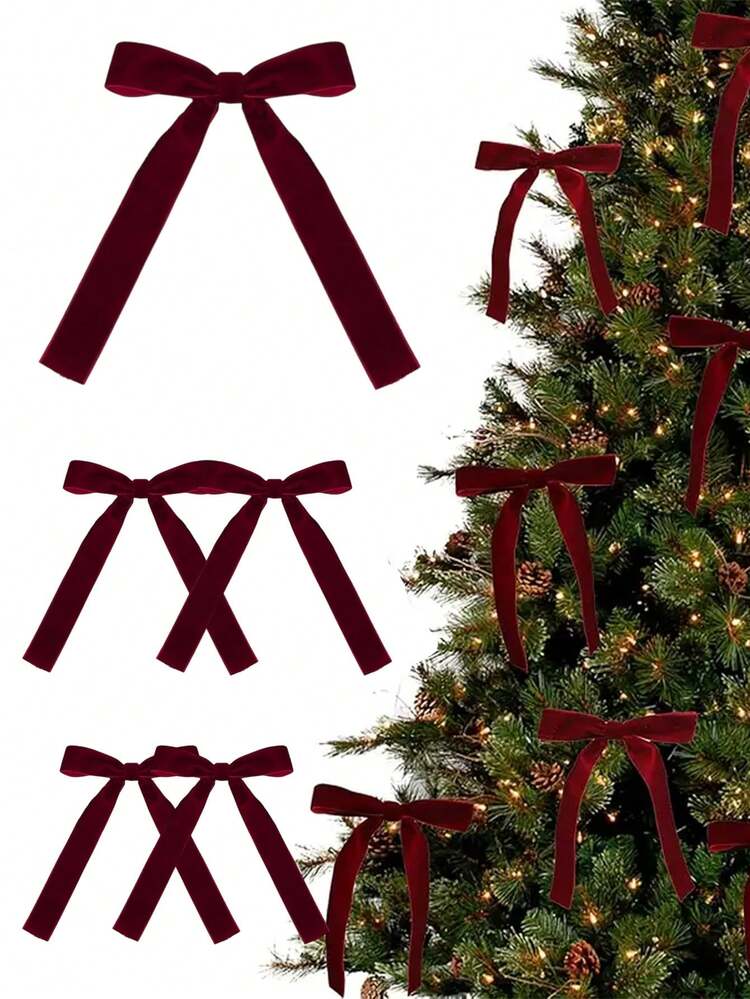 5/10/20pcs Vintage Velvet Christmas Bows, Burgundy Velvet Bows For Christmas Tree Decoration, Holiday Wreath Ties, Suitable For Christmas, Thanksgiving And New Year, Used For Tree Decor, Country Sty