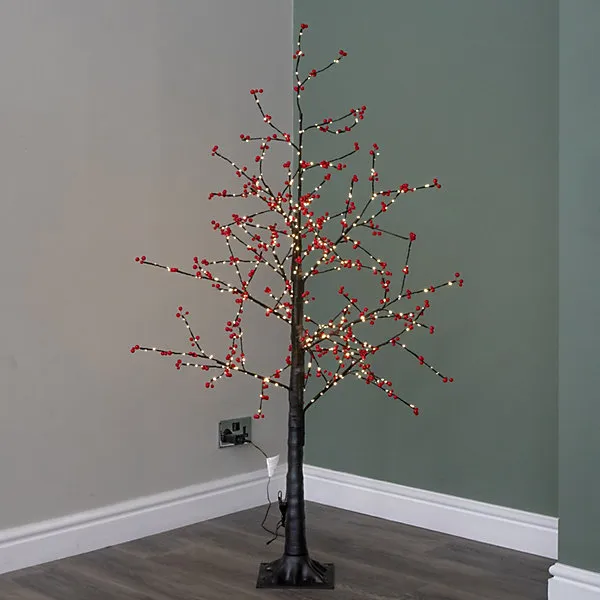 5ft (1.5m) Light up Black Christmas Twig Tree with Red Berries & Warm White  LEDs