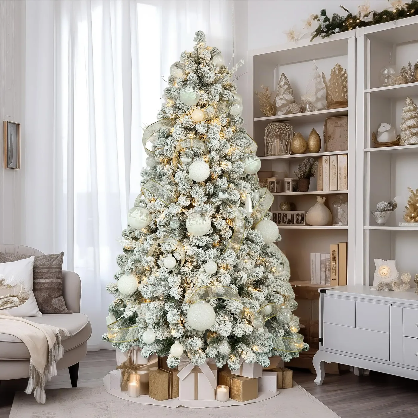 5ft Pre-lit White Flocked Spruce Artificial Christmas Trees with Warm White Lights - 5FT