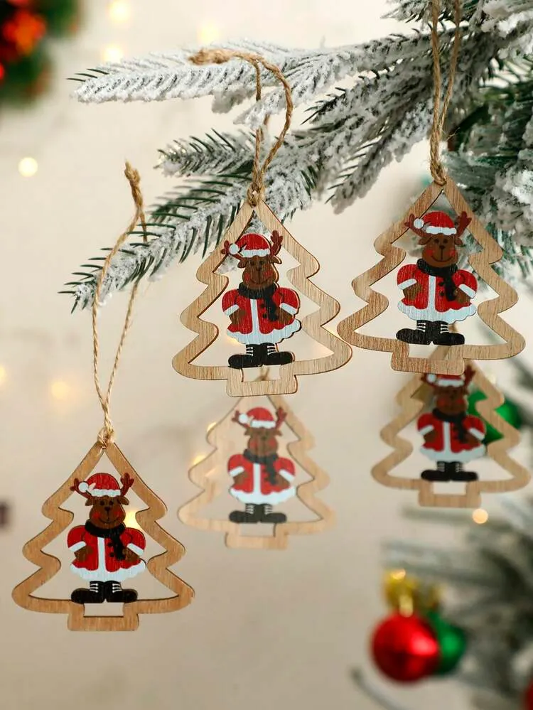 5pcs Christmas Decor Beige & Red-Brown Reindeer Christmas Tree Pattern Hollow Tree-Shaped Christmas Hanging Ornaments Vintage Forest Holiday Style Christmas Tree Silhouette With Embedded Deer Antler