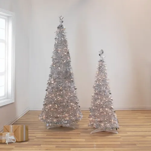 6' Pre-Lit Silver Tinsel Pop-Up Artificial Christmas Tree - Clear Lights | Christmas