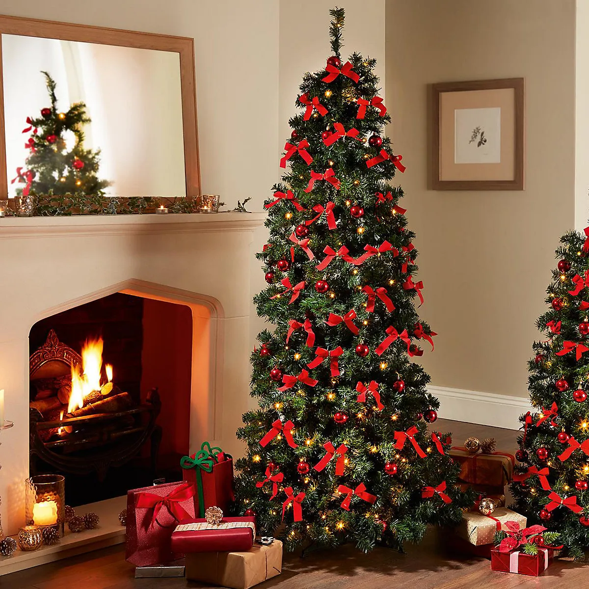 6ft Pop Up Pre-Lit Christmas Tree - Festive Xmas Decoration with 36 Red  Satin Bow, 36 Glass Baubles & 200 Warm White LED Lights
