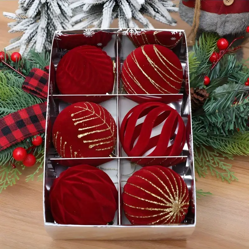 6pcs christmas balls 8cm green maroon velvet - Temu