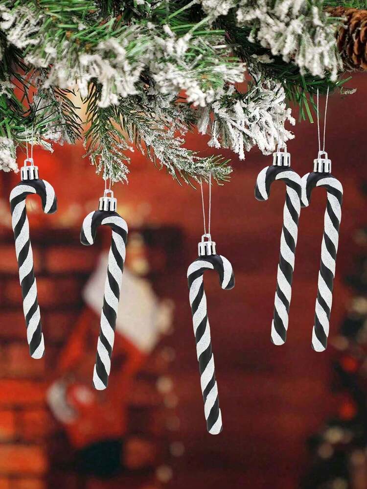 6pcs Sequin Candy Cane Hanging Ornaments,Black Candy Cane Christmas Tree  Decorations,Glitter Candy Cane Christmas Tree Decorations,Plastic Striped  Ornaments With Metal Loops,Striped Candy Hanging ..