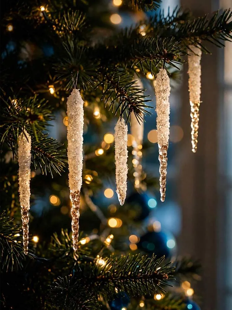 6pcs/1pc Crystal Frost Covered Icicle Pendant, Frosted Artificial Icicle Decor, Suitable For Christmas Tree, Window, Holiday Party, Christmas Decoration, Christmas Party Supplies, Room Decor, Christ