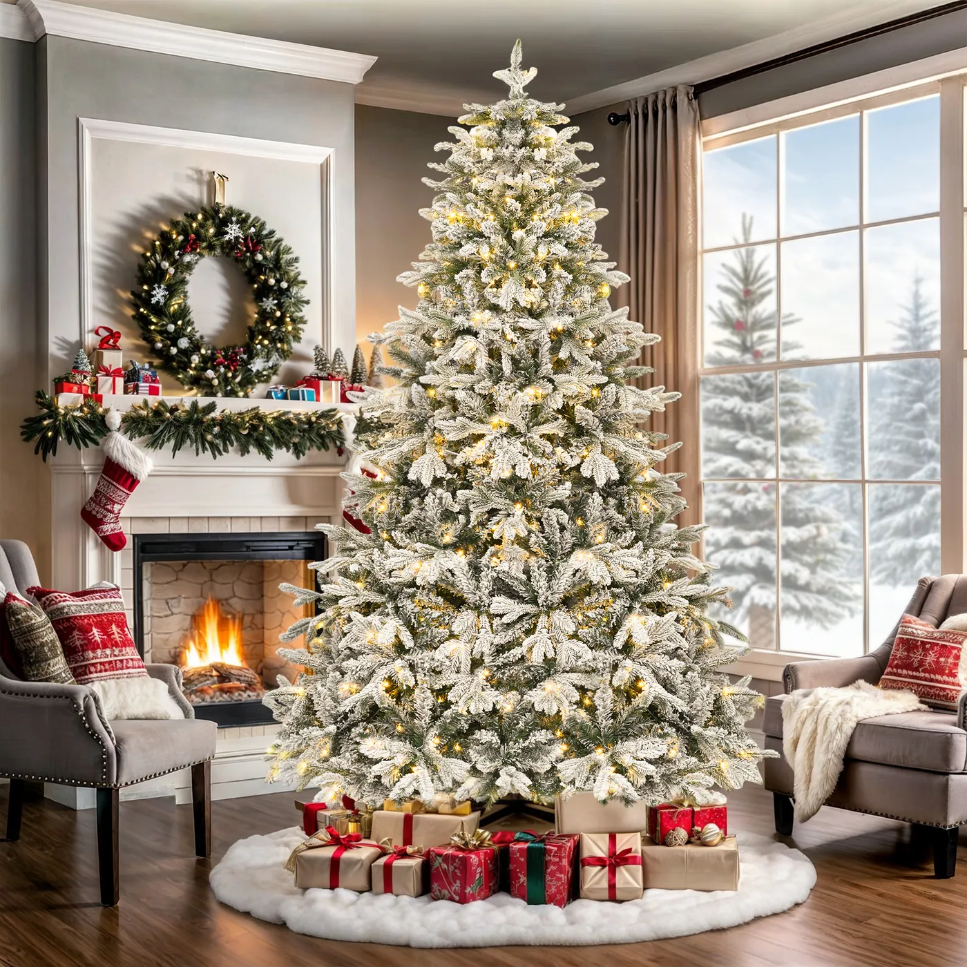 75 christmas clearance - TikTok Shop 7FT Pre-Lit Snow-Flocked Christmas Tree with Red Ornaments &