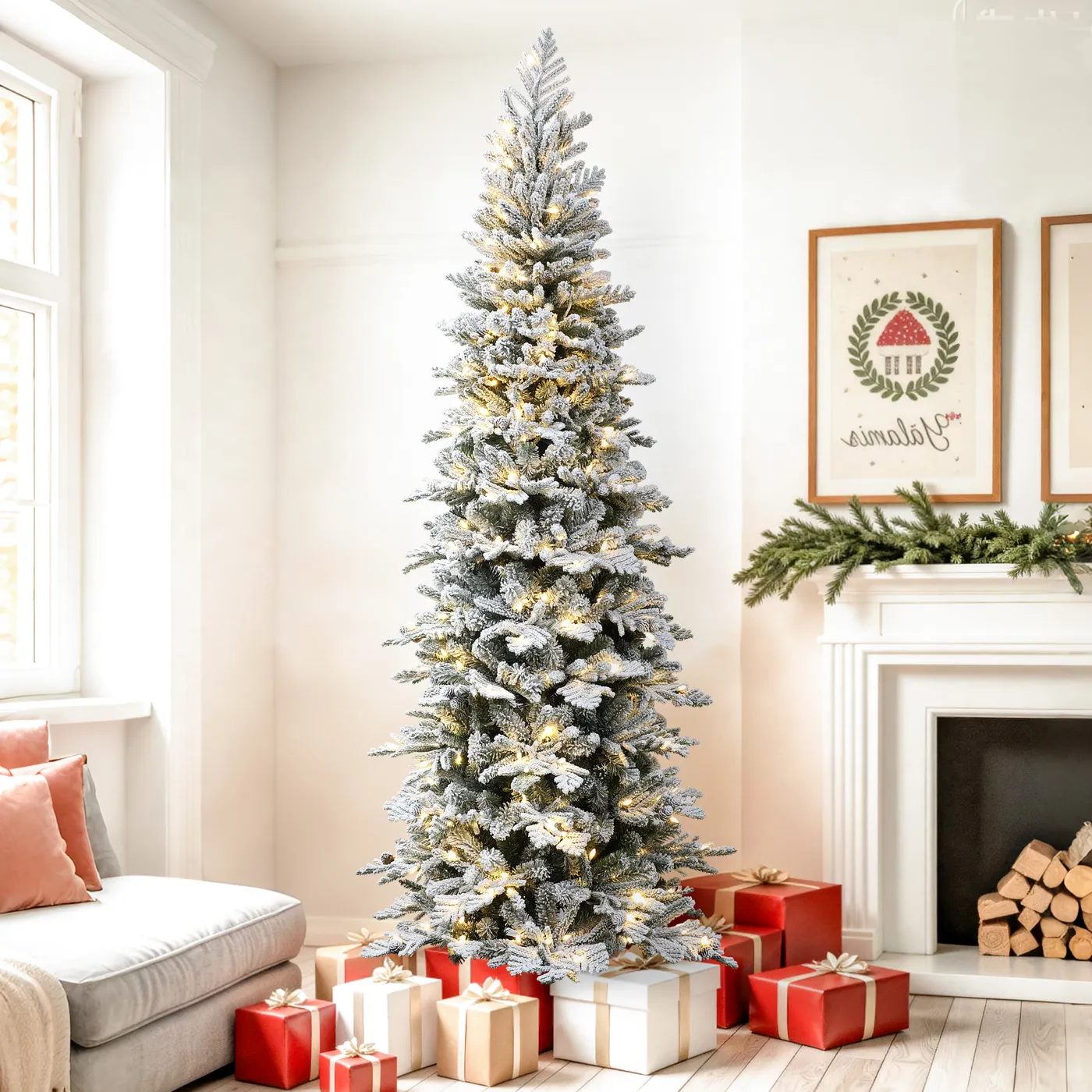 7.5Ft Pre-Lit Flocked Artificial Christmas Tree with Pine Cones 7.5 Ft Prelit Christmas Tree
