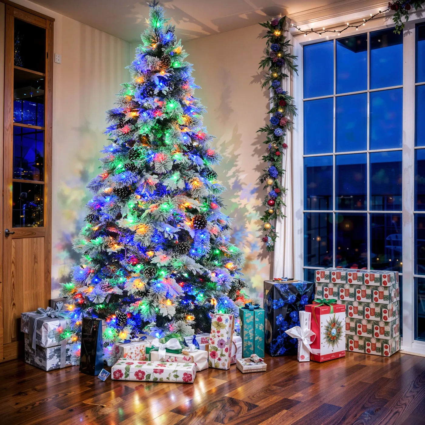 7.5Ft Pre-Lit Flocked Artificial Christmas Tree with Pine Cones 7.5 Ft Prelit Christmas Tree