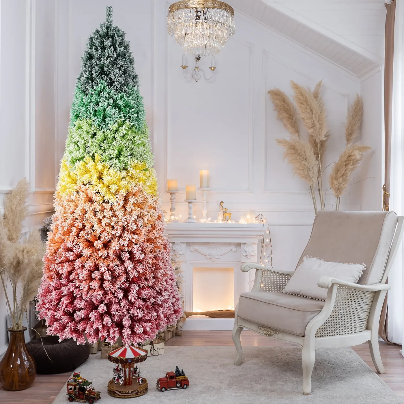 7.5ft Rainbow Gradient Flocked Christmas Tree 1927 Tips Metal Stand Unique Holiday Decor