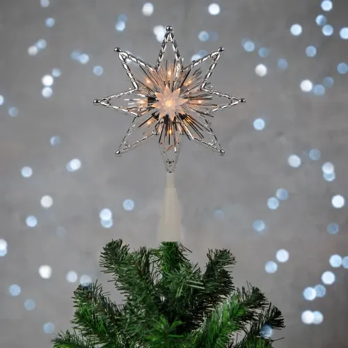 8' Lighted Silver Tinsel Star Christmas Tree Topper - Clear Lights, White Wire | Christmas