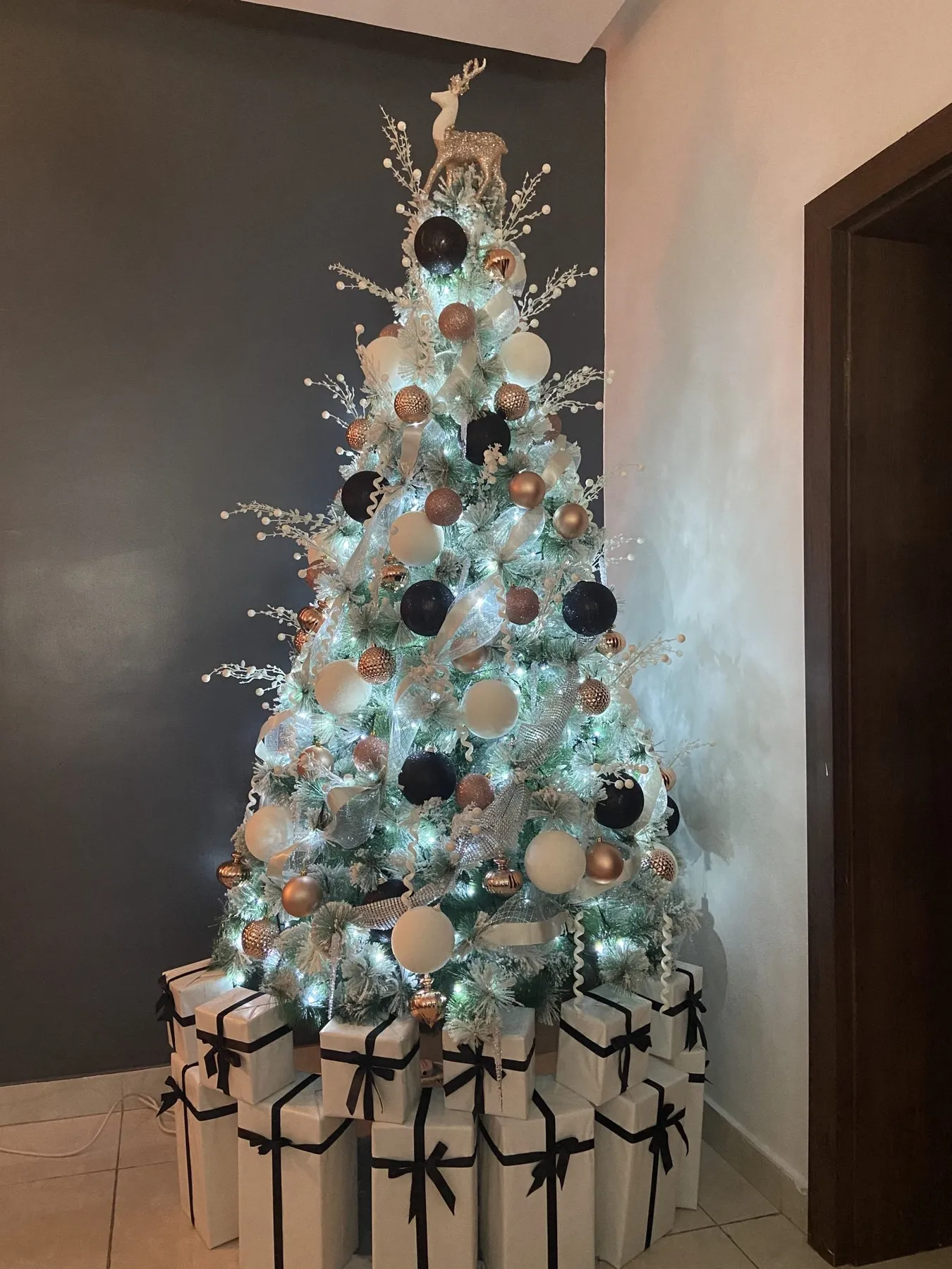 8ft Frosted Christmas Tree With White, Black And Gold Ornaments – The Gift & Christmas Company