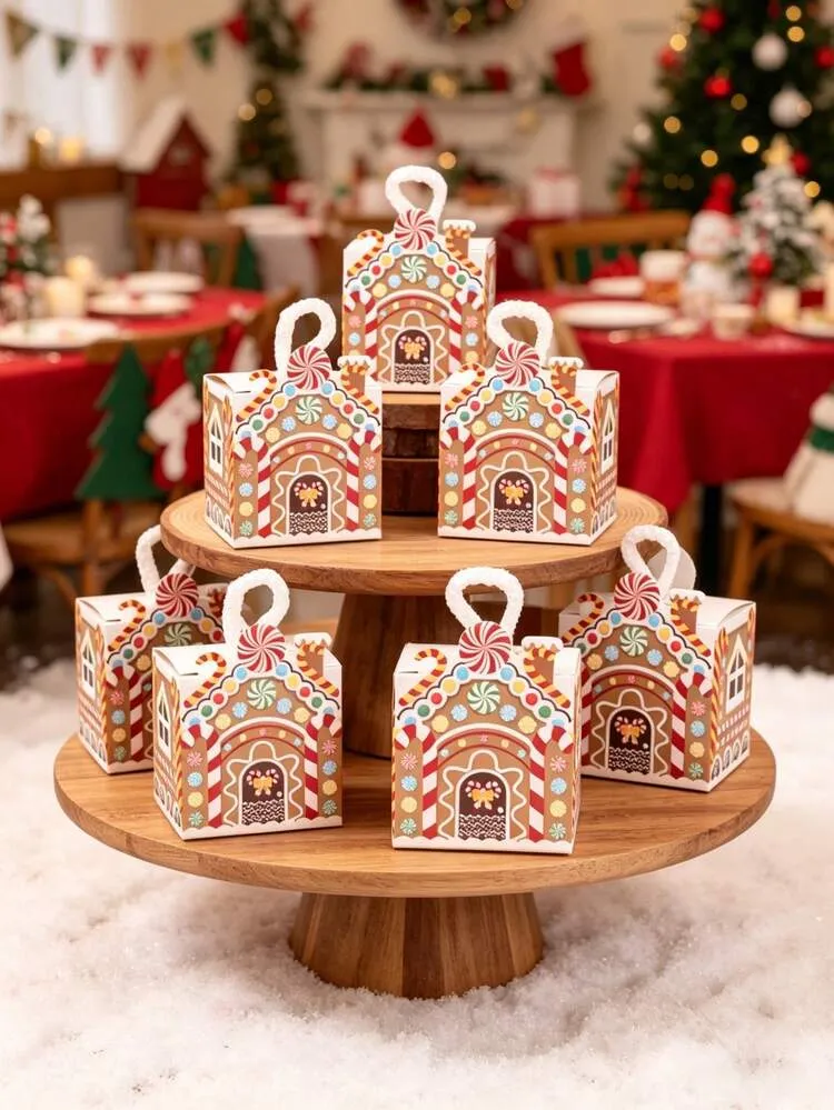 8pcs Gingerbread House Pattern Mini Gift Boxes, Christmas Candy Boxes, Baby Shower Party Gift Packaging Boxes, Christmas Home Decor, Birthday Gift Packaging Supplies, Christmas Eve Party Gift Packag