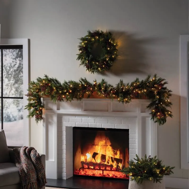 9' Dual Color LED In/Out Plug In Mixed Cedar Garland