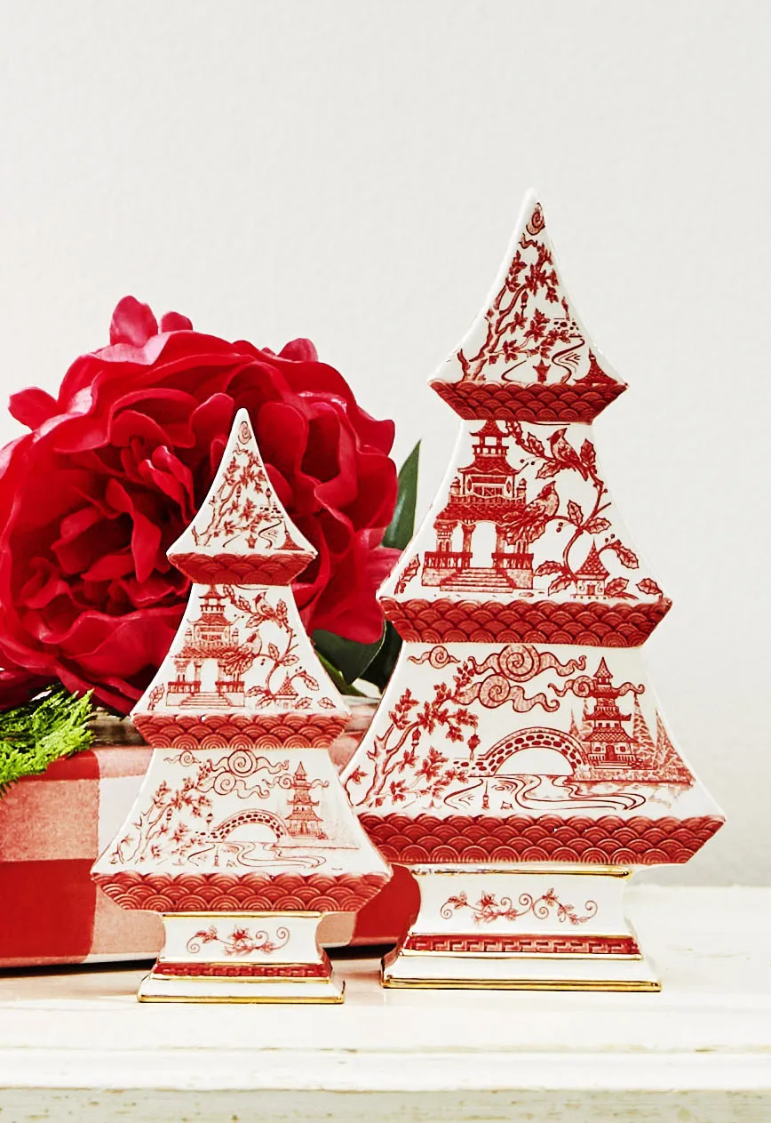 9 Inch Red Chinoiserie Trees Set of 2 - From RAZ Imports NEW 2025
