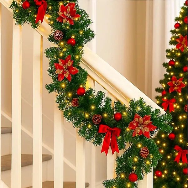9ft Pre Lit Christmas Garland with 40 LED Lights Battery Operated Garland  with Baubles & Bows