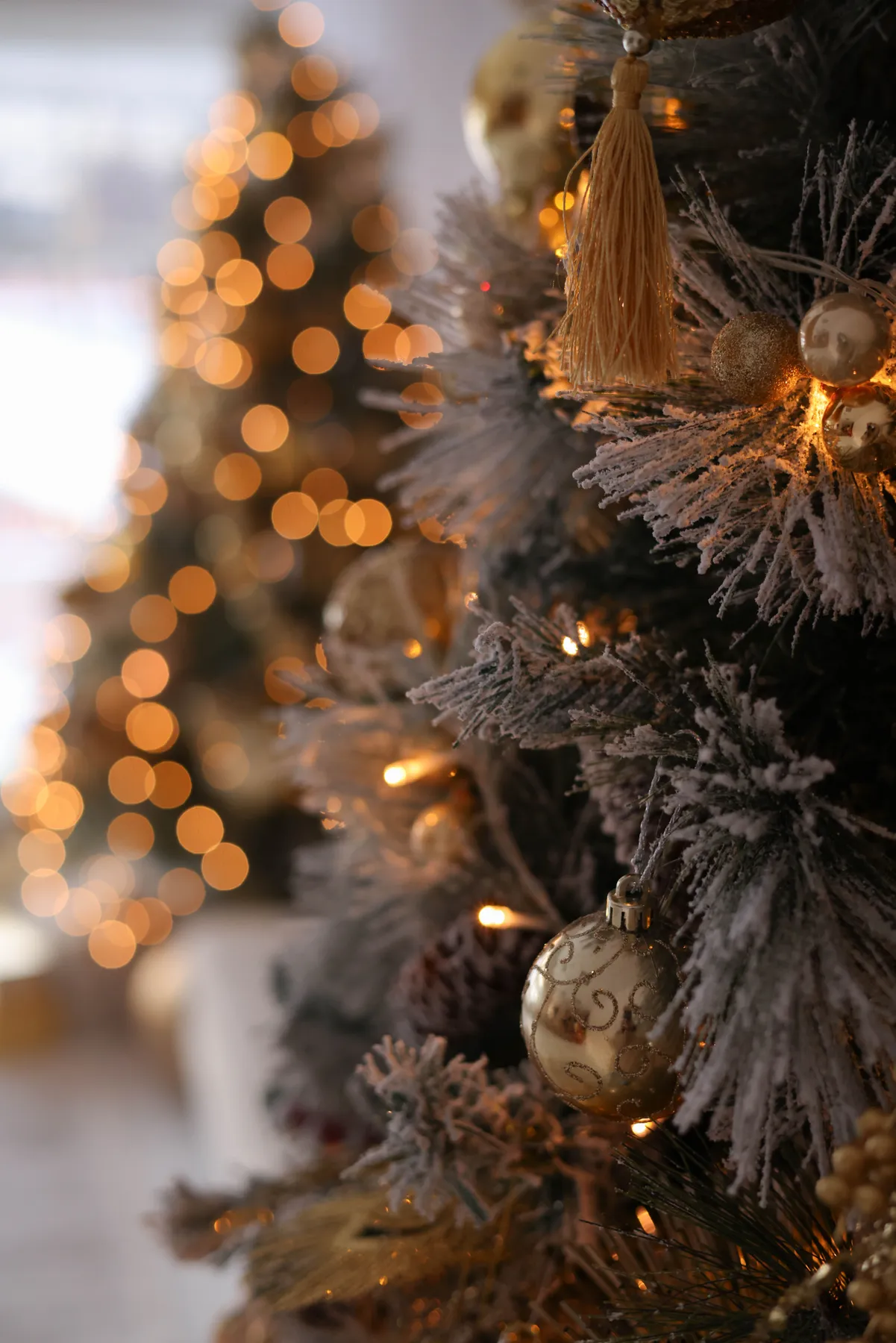 A beautifully decorated Christmas tree adorned with ornaments and soft glowing lights.