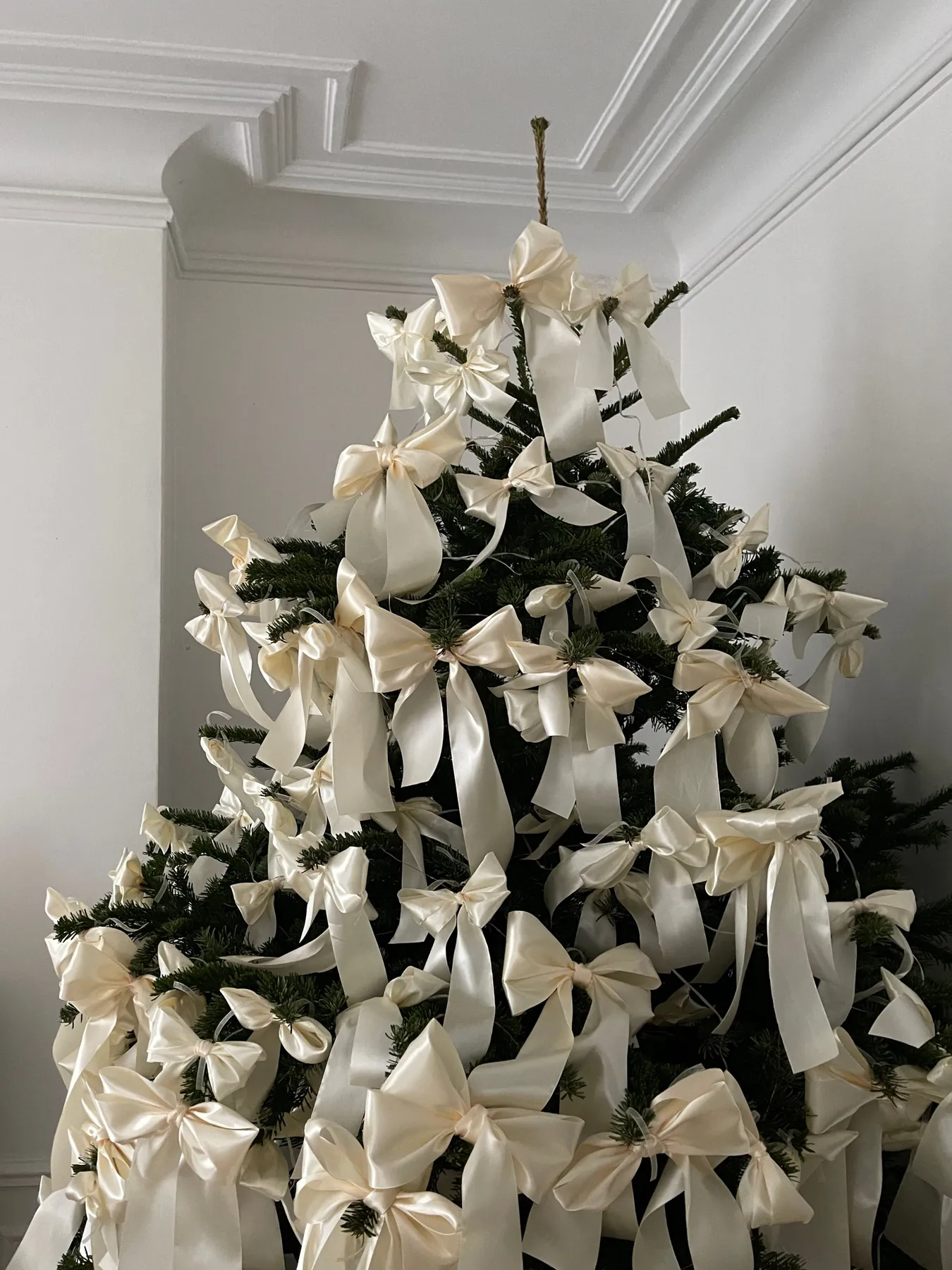 A beautifully decorated Christmas tree with luxurious white ribbons indoors.