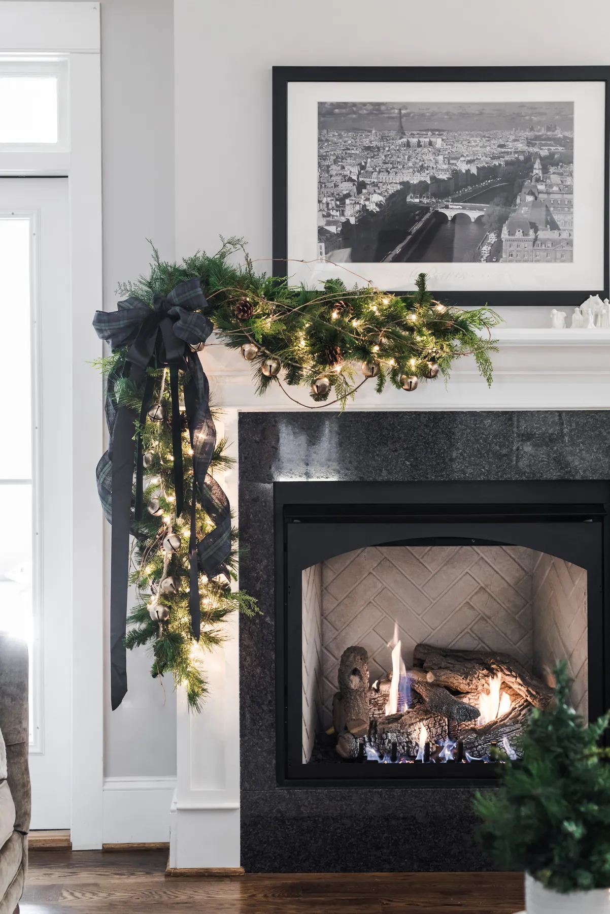 A Black, White, and Brass Christmas Living Room -
