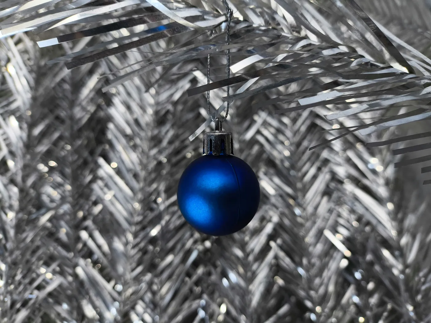 A blue ornament hanging from a tree