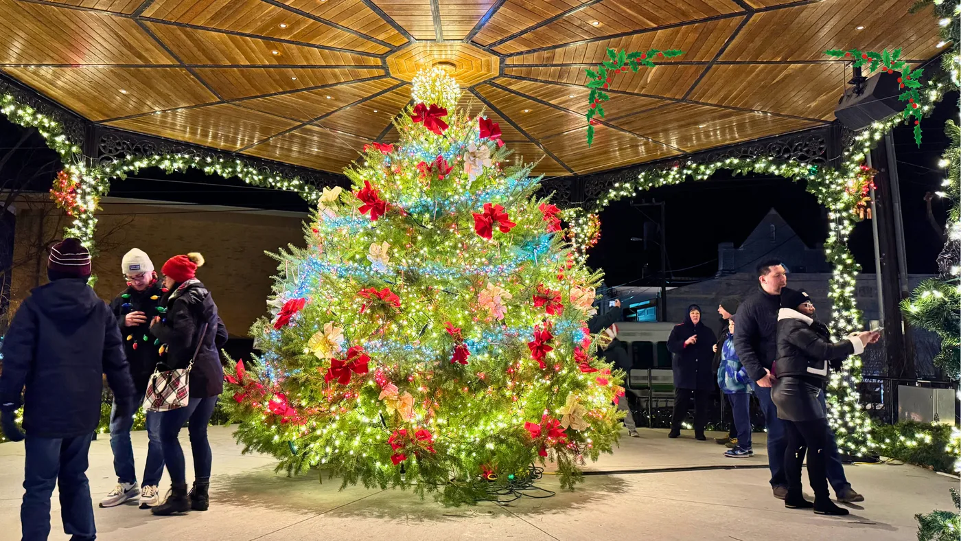 A brightly decorated Christmas tree with colorful lights and ornaments outdoors at night. - Wildwood Video Archive