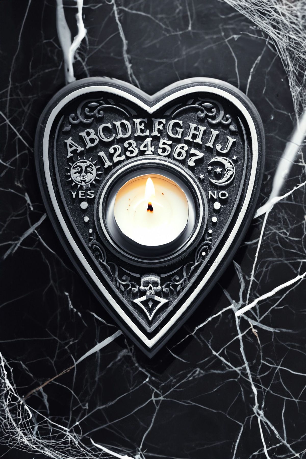 A candle flickers on a gothic Ouija board planchette, setting a mysterious Halloween mood.