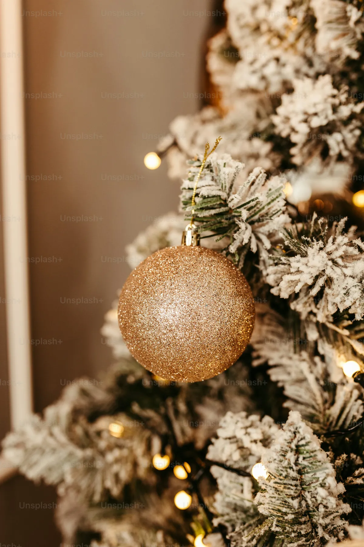 A close up of a christmas tree with a gold ornament - Photo on Unsplash+