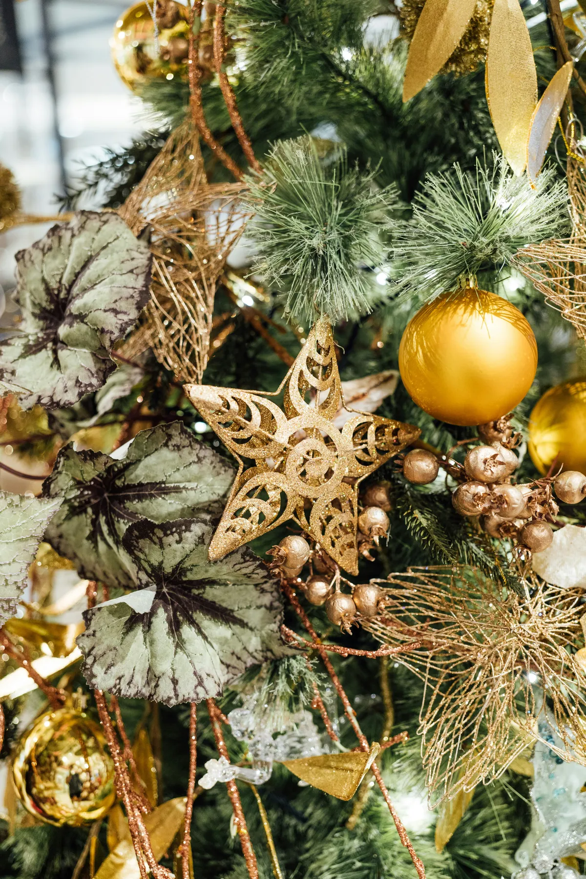 a close up of a christmas tree with ornaments