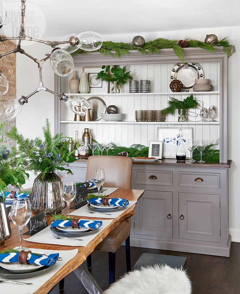 A home's modern rustic design is complemented with greenery and hits of cobalt for the holidays | Style at Home